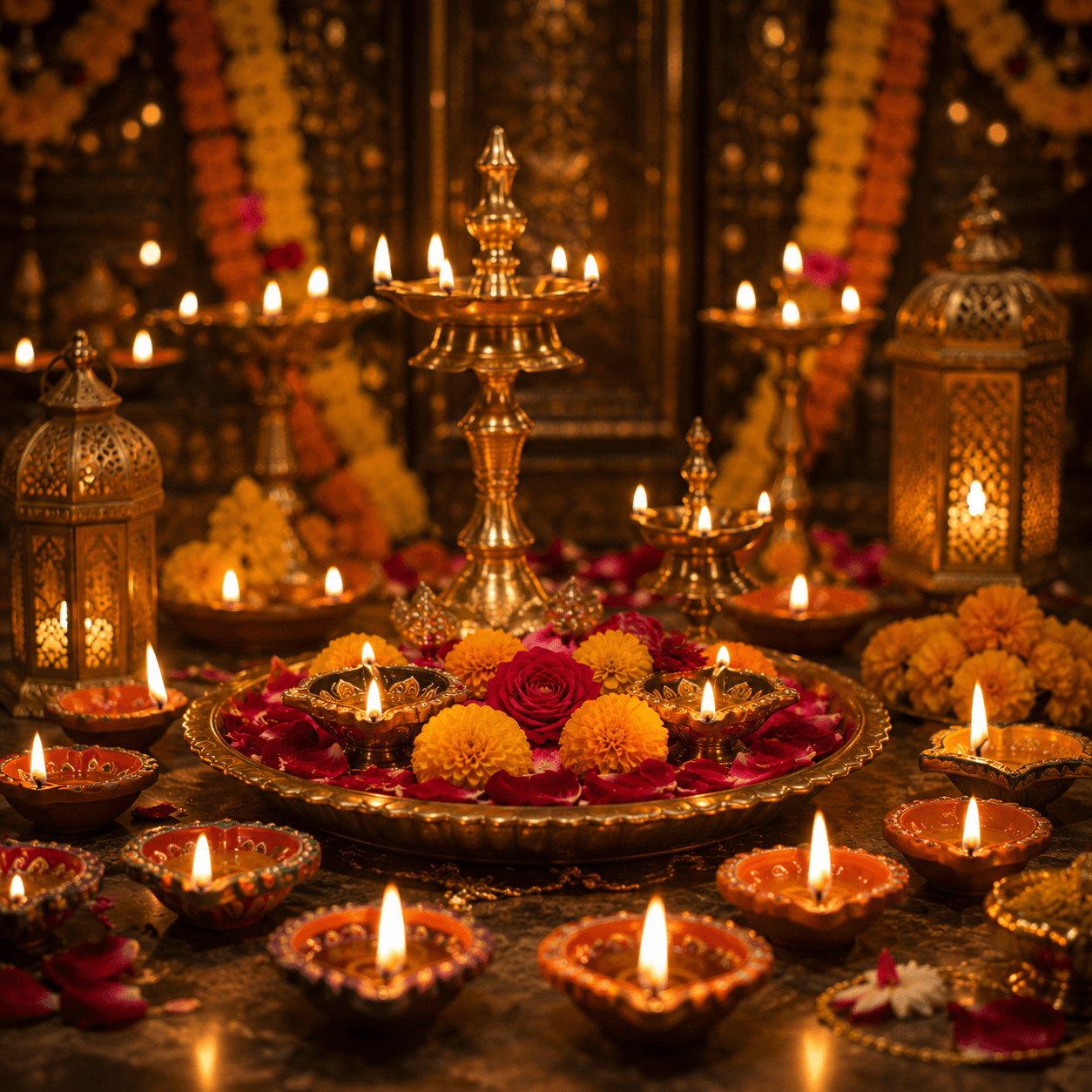 Clay diyas lit in celebration representing Hindu festivals.